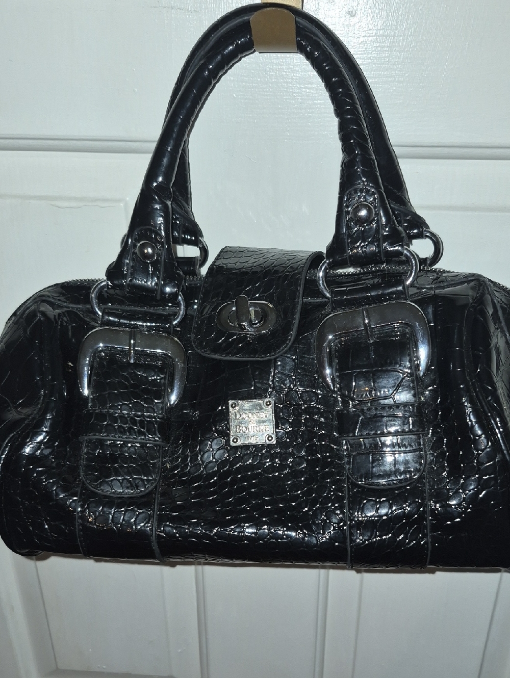 Dooney & Bourke patent croc-embossed finish and silver-tone Hardware Handbag